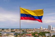 Quake Rubble Hides Unexpected Survivors Colombian flag waving over a coastal city skyline