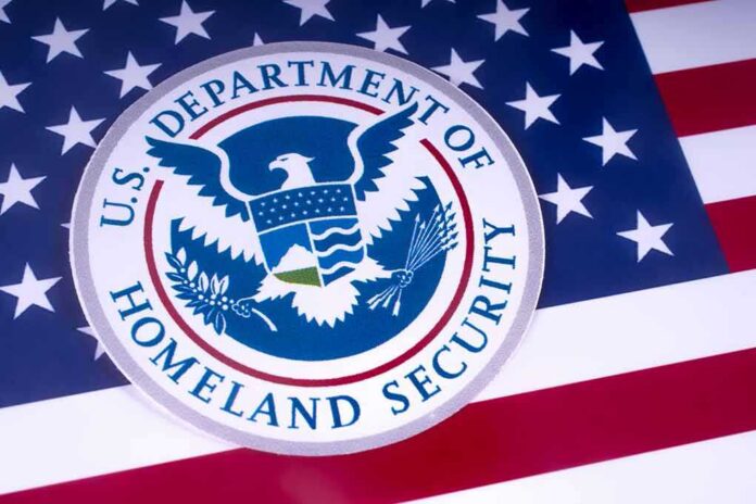 U.S. Department of Homeland Security emblem on American flag