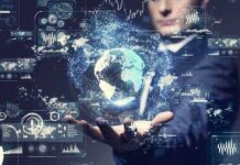 Businessperson holding a digital globe with data interfaces