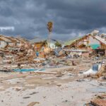 Western Isles Wrecked — Powerless And Flooded storm-damaged coastal neighborhood with demolished houses