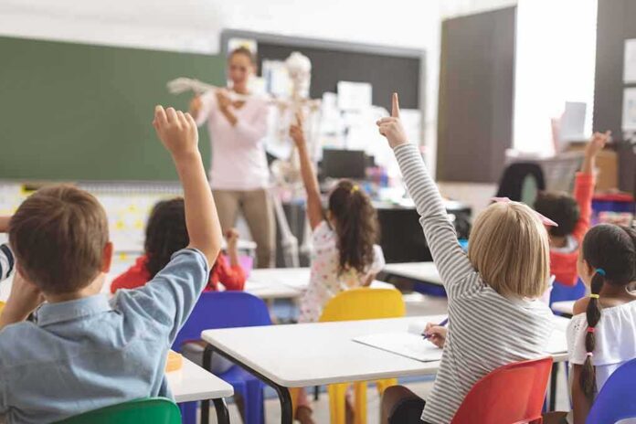 shutterstock_1352177357 Elementary students raise hands in a classroom
