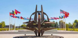 Metal sculpture with surrounding national flags in a plaza