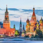 St. Basil's Cathedral and Kremlin towers at sunset in Moscow