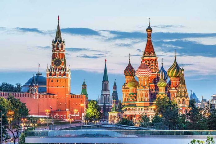 shutterstock_1574529613 St. Basil's Cathedral and Kremlin towers at sunset in Moscow