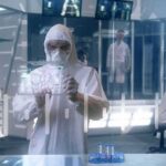 Week-Four Jolt: Aging Markers Flip Scientist in hazmat suit using a transparent digital tablet in a lab