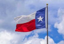 Texas state flag waving on a pole against a cloudy sky