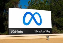 Meta logo sign at 1 Hacker Way outside headquarters