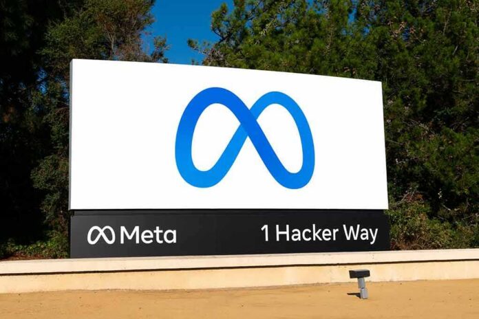 shutterstock_2065684229 Meta logo sign at 1 Hacker Way outside headquarters