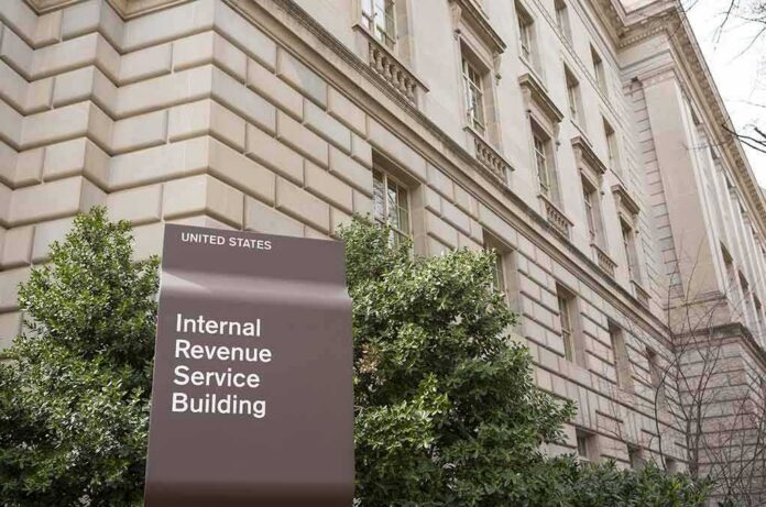 Internal Revenue Service Building sign outside a classical stone office building
