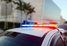 Police car roof with flashing red and blue lights