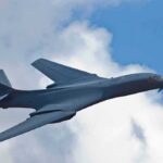 Strategic bomber aircraft banking in flight