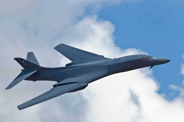 Strategic bomber aircraft banking in flight