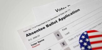 Absentee ballot application with patriotic button