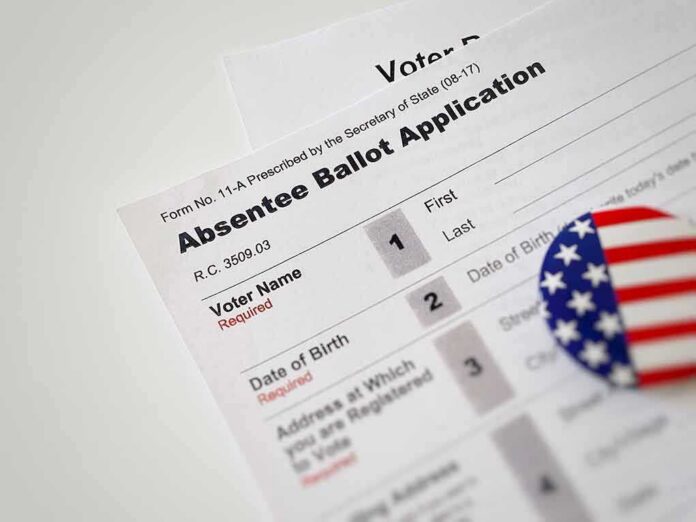 Absentee ballot application with patriotic button