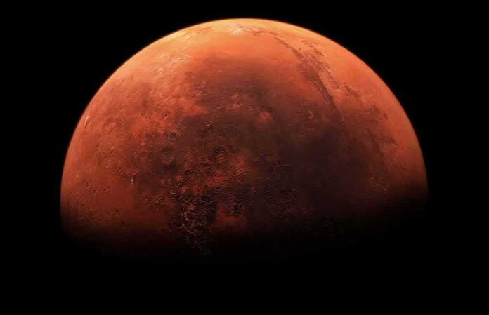Mars close-up with craters and canyons