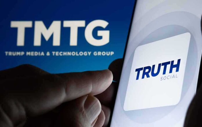 Smartphone showing Truth Social app icon beside TMTG logo on screen