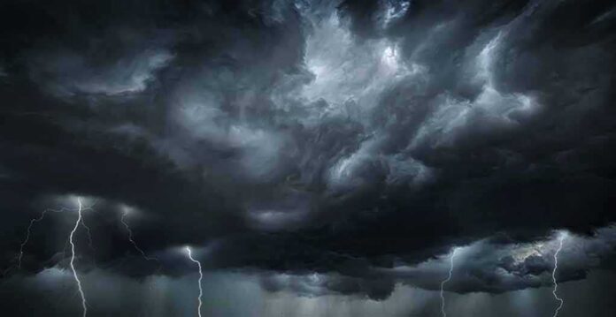 shutterstock_2103757700 Dark storm clouds with multiple lightning bolts