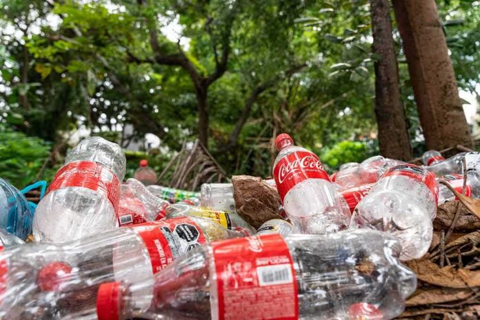shutterstock_2209207495 Plastic bottles littered on forest floor