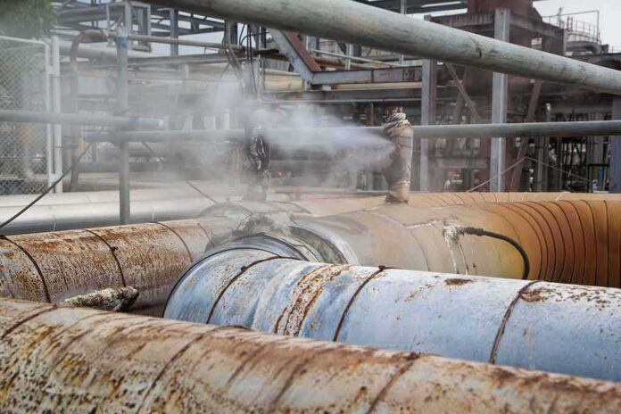 shutterstock_768849361 Industrial pipelines leaking steam in a processing plant
